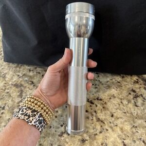 Vintage Maglite Flashlight 2 D Cell Silver Mag Replaced Bulb W/LED Bulb 10" 5117